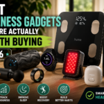 Collection of wellness gadgets including a smart body composition scale, fitness smartwatch, massage gun, red light therapy device, and hydration tracker