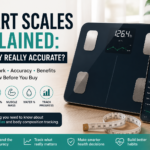 Smart scale with body composition tracking app displaying weight, body fat percentage, muscle mass, and wellness metrics