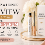 Terez and Honor lash serum featured in a beauty review discussing lash appearance, ingredients, effectiveness, and value